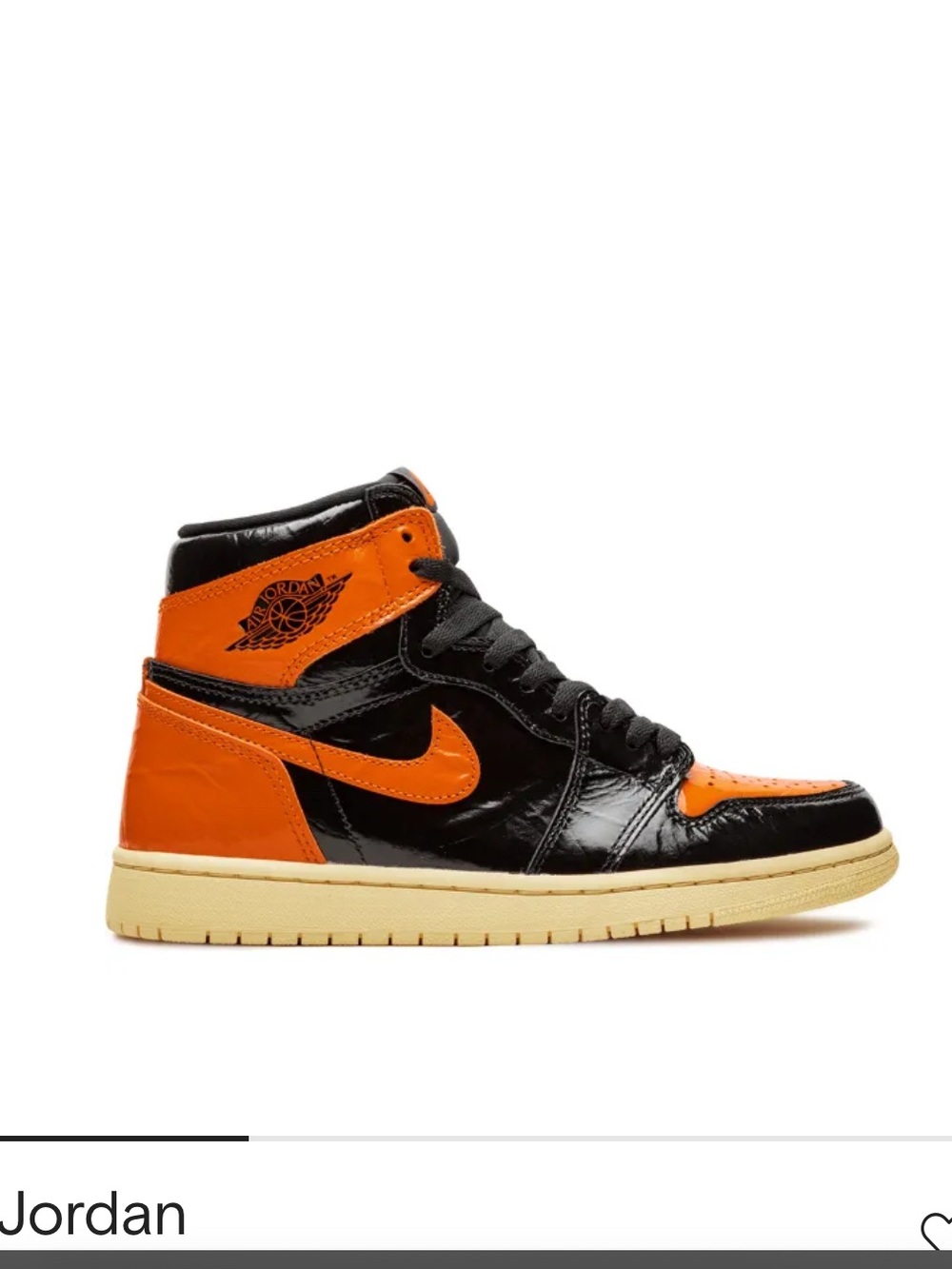 Jordan Black and Orange Patent Leather High-Top Sneaker